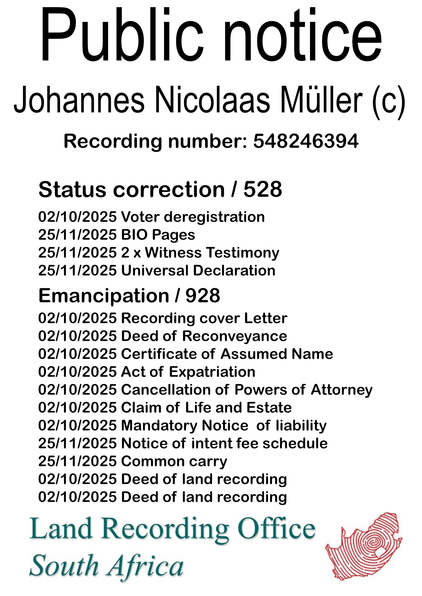 Public notice Johannes Nicolaas Müller Recording number 548246394